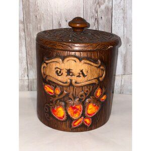 Treasure Craft Tea Strawberry Ceramic Canister Woodgrain Lid USA Vintage Storage
